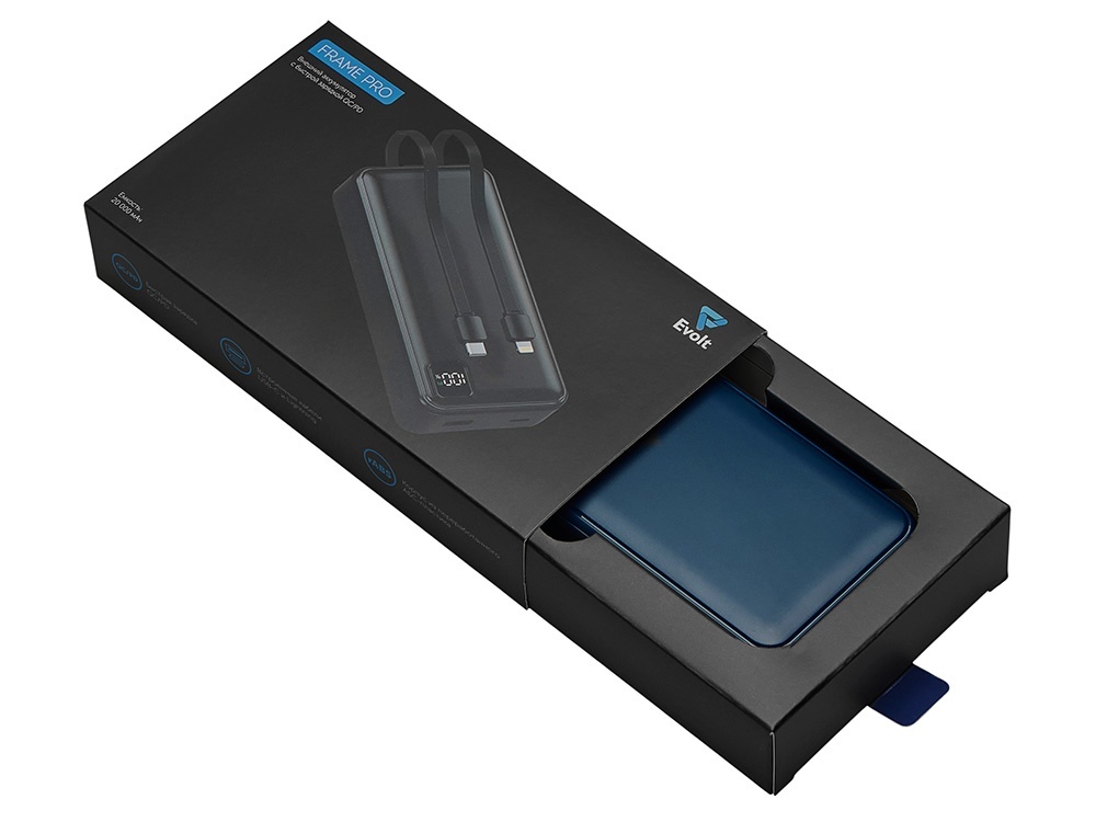 Внешний аккумулятор со встроенными кабелями Фрэйм Про, быстрая зарядка, 20000мач