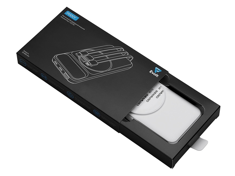 Магнитный беспроводной внешний аккумулятор со встроенными кабелями Мэни, 10000 мАч